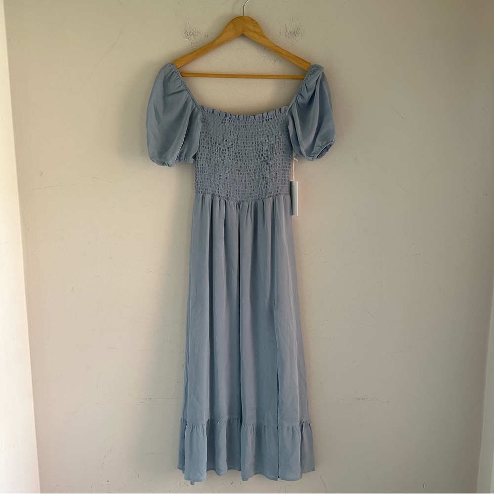 NWT Reformation Meadow Smocked Light Blue Midi Dress with Slit - Picture 5 of 10
